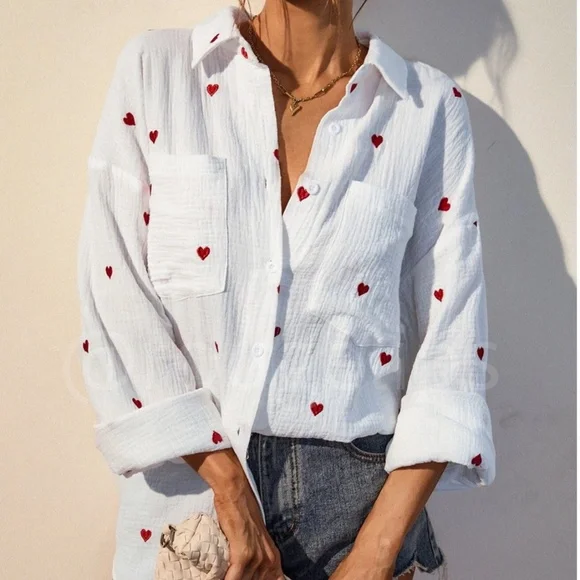 Cotton White Casual Shirt Embroidered Red Hearts Button Down Up Long Sleeve - Picture 1 of 16